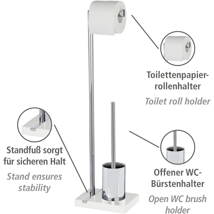 Набір для підвісного унітазу, тримач для туалетного рулону з щіткою, виготовлений з поліуретану білого кольору з хромованими деталями, 20 x 74 x 15 см хром/білий