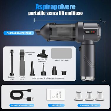 Акумуляторний ручний пилосос 4 в 1 для дому та авто, 25000Па, бездротовий портативний пилосос з автоматичним спорожненням контейнера, для шерсті тварин, сірий