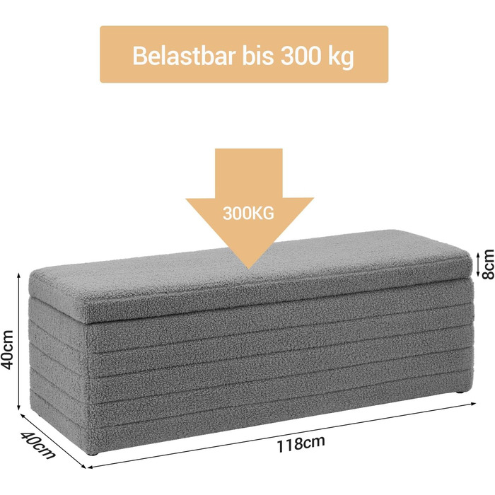 Лавка з місцем для зберігання, лавка для взуття, табурет з тедді з тканини, ящик для зберігання (118x40x40 см, сірий)