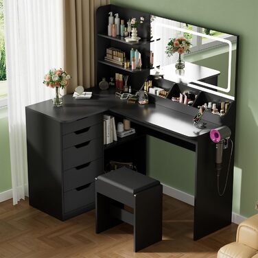 Дзеркальний столик для макіяжу Devoko з LED-підсвічуванням та пуфом, кутовий туалетний столик з розеткою, 5 ящиків, відкриті полиці, тримач для фену, для спальні (Білий) (Чорний)