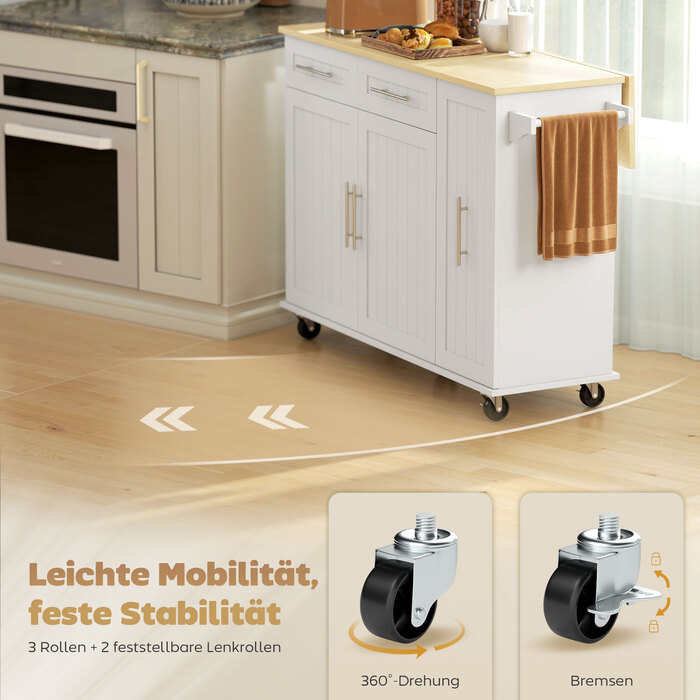 Мобільний кухонний острівець з розширюваною поверхнею, шафки, ящики, тримач для рушників, кухонна візок з МДФ, білий