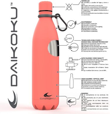 Пляшка з нержавіючої сталі Daikoku регульований ремінець карабін, термос з подвійними стінками без бісфенолу А, багаторазова пляшка для води, герметична кришка, кораловий колір, ємність 500 мл (750 мл, кораловий)