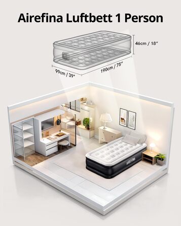 Надувне ліжко Airefina на 1 особу з вбудованим насосом, 99x190x46 см, до 295 кг, з сумкою для перенесення
