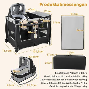 Дитяче туристичне ліжко COSTWAY 5 в 1 з матрацом, сірим кольором, до 15 кг, з пеленатором та іграшкою