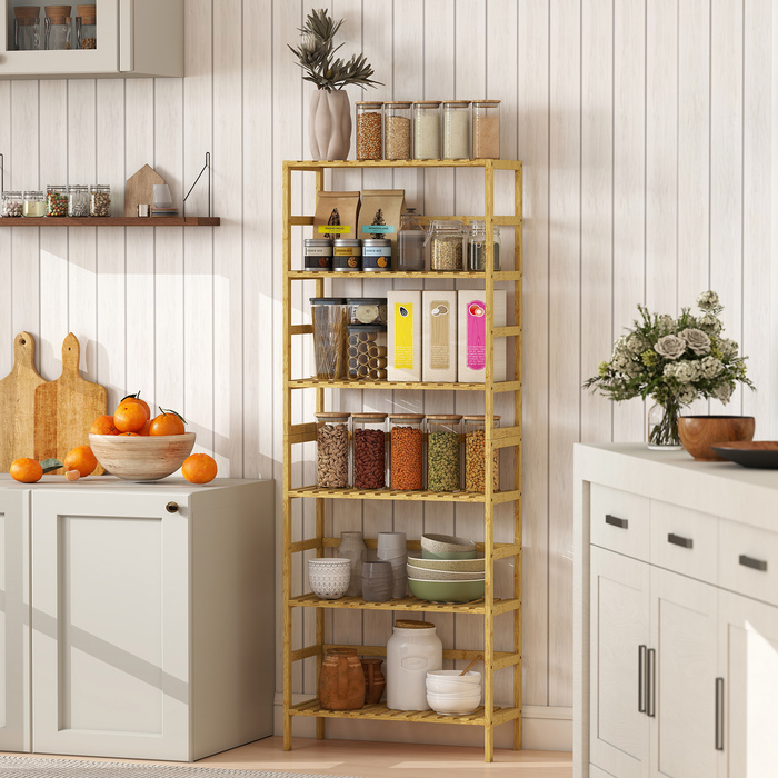 Стелаж з 6 полицями з бамбука, регульовані полиці, окремо стоячий стелаж для зберігання, натуральне дерево