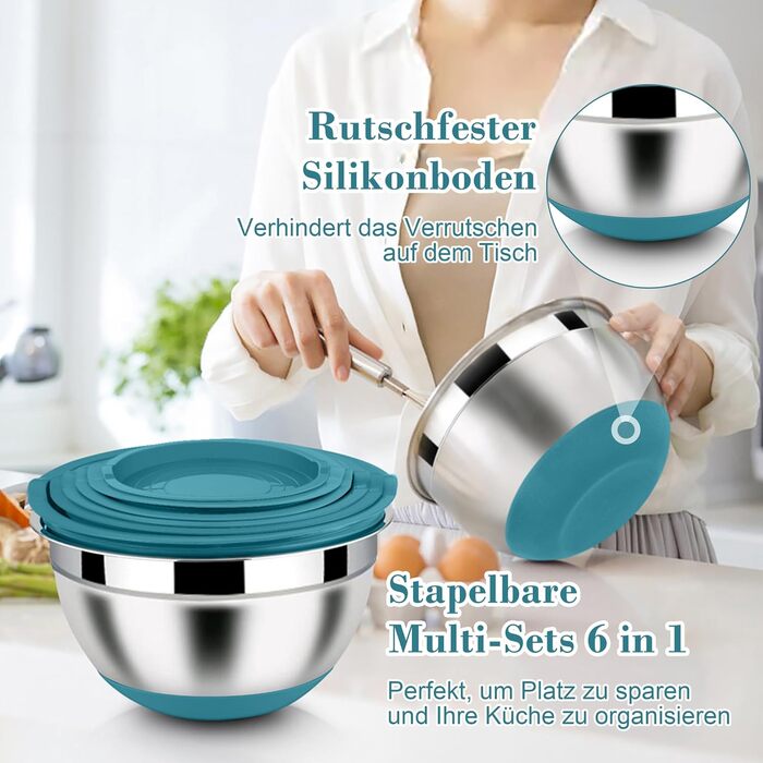 Набір місок Homikit з нержавіючої сталі, 6 шт. з тертками, кришками та силіконовим дном, 4.6L/2.8L/2.5L/1.6L/1.2L/0.7L, блакитний
