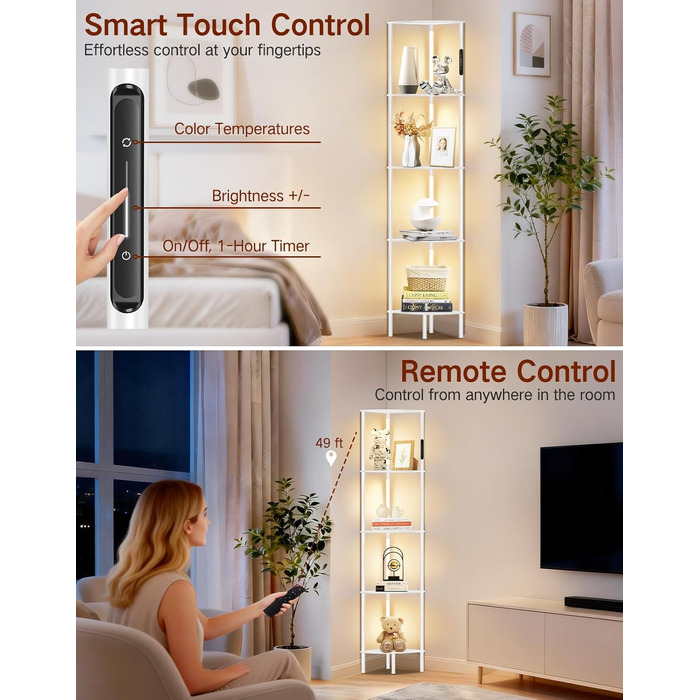 LED торшер з полицею, 3 режими світла, димування (сенсор/пульт), кутова полиця 5-рівнів, вузький книжковий стелаж для вітальні, спальні, офісу (білий)