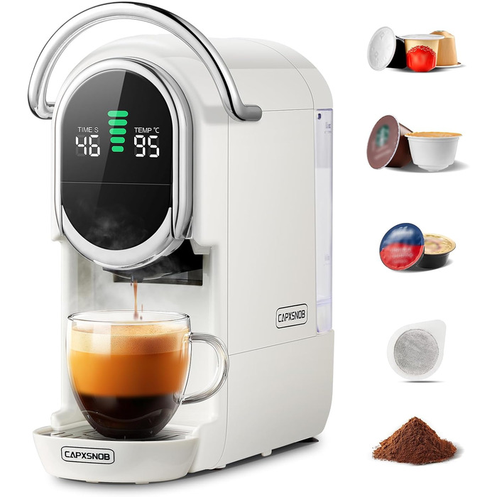 Кавомашина Magician1 Mini Kapselmaschine 5в1 для капсул Nespresso, Dolce Gusto, Lavazza A Modo Mio, ESE 44 та кавової гущі | 20 бар, 1450 Вт, LED-дисплей, 7 рівнів води | для дому та офісу (слонова кістка)