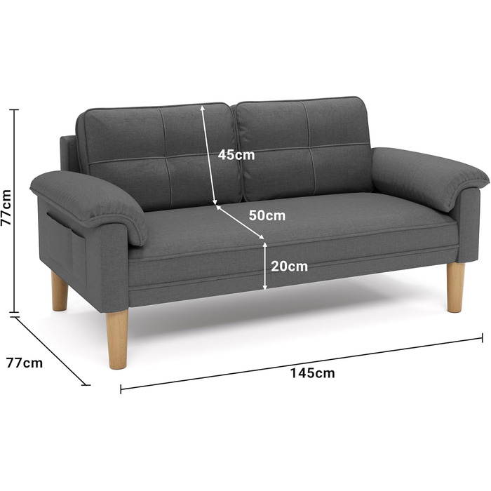 Диван Xbro 2-місний, компактний диван з підлокітниками та бічною кишенею, сучасний диван з тканини для вітальні, квартири, офісу, проста збірка, 144 x 77 x 77 см, темно-сірий