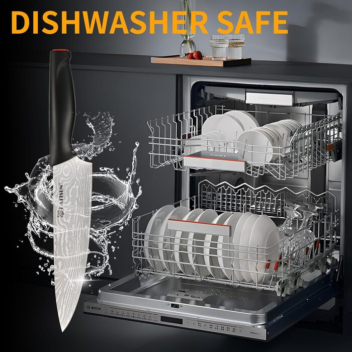 Набір кухонних ножів Katisun 16 шт. з японської сталі, з підставкою, точилкою, дощечкою та ножицями. Набір ножів для нарізки, шинкування та різання, безпечний для миття в посудомийній машині (15 ножів, лазерне різання)