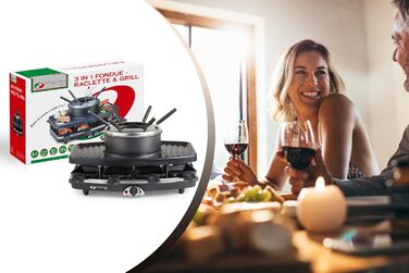 Набір для раклет, фондю та гриль MAGNANI 3 в 1 на 8 осіб з регулюванням температури, виделки та сковорідки, 1100W, антипригарне покриття