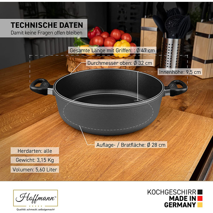 Сковорода для гасіння Гофмана з індукційним ободом висотою 32 см я Зроблено в Німеччині я Голландська духовка з індукційним антипригарним покриттям я готую