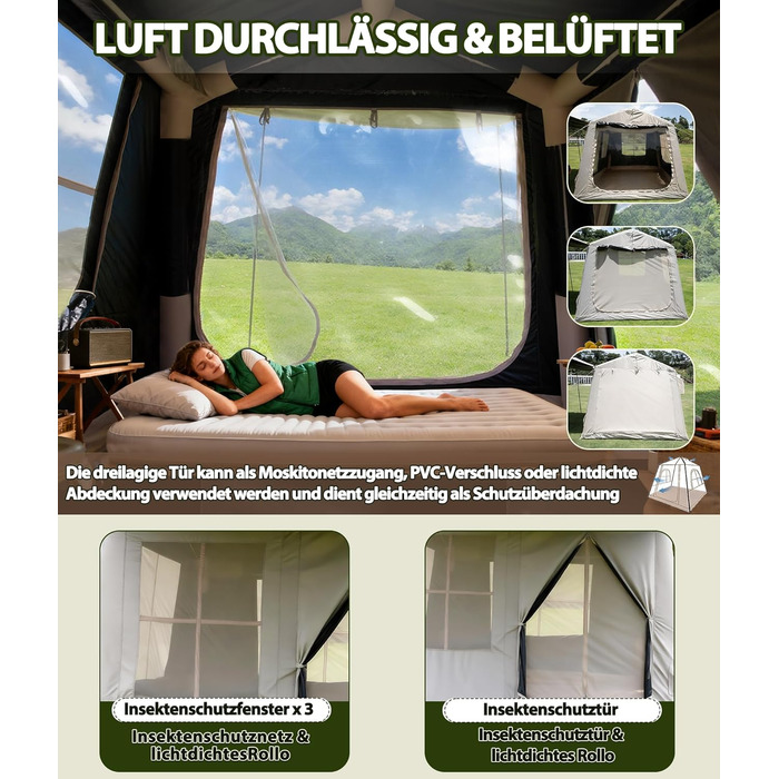 Надувний кемпінговий намет Oxford 420D Glamping для 2-3 осіб з насосом, водонепроникний (3000 мм), всесезонний вітрозахисний намет з москітною сіткою