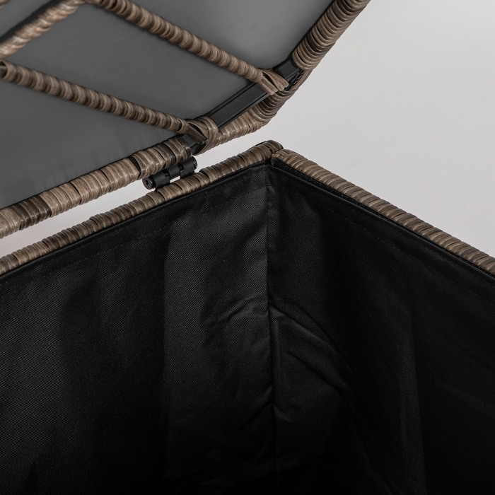 Ящик для подушок з поліротангу, тканинна внутрішня оббивка, легке відкривання/закривання, металевий каркас, 75B x 75T x 70H см, Чорний