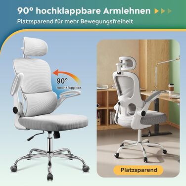 Офісне крісло Devaise Ergonomічне, з підтримкою попереку, 3D-підголівник, регульовані підлокітники, дихаюча сітка спинки, функція гойдання, для офісу та дому, до 150 кг, сірого кольору