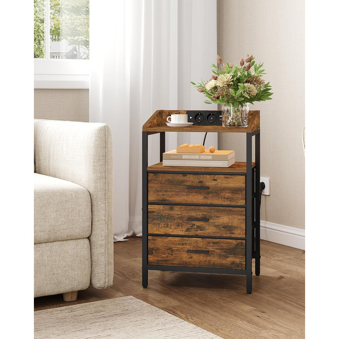 Приліжкова тумбочка Hzuaneri з LED-підсвіткою та функцією зарядки, 3 висувні ящики з тканини, USB-порти та розетки, для спальні/вітальні, чорний/коричневий, NS36301BEU, 1 шт.