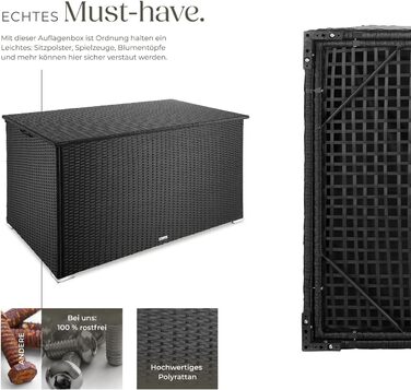 Скриня для зберігання садових речей Tectake з алюмінію та ротангу, 750л, чорна - водонепроникна, з газовими амортизаторами, стійка до УФ-випромінювання та іржі (145x82,5x79,5 см)
