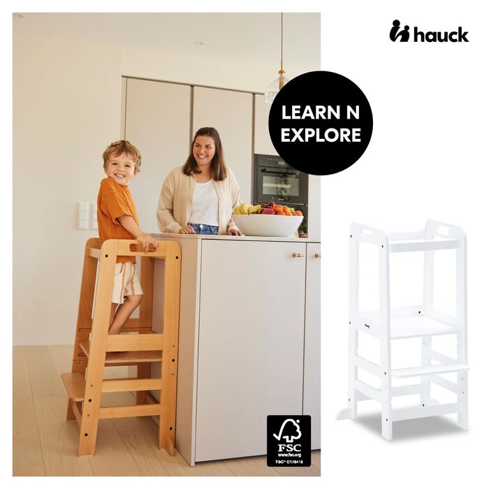 Hauck Learn N Explore: навчальний стілець для дітей з FSC® сертифікованого буку, регульована висота, стабільний та міцний, Montessori, від 1 року, для кухні, столу, ванної кімнати (білий)