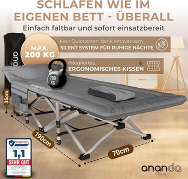 Розкладне похідне ліжко Feldbett з матрацом та простидлом з бавовни, кемпінгове ліжко для дорослих 190x70 см, витримує до 200 кг