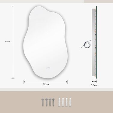 Дзеркало для ванної кімнати Dripex LED з підсвічуванням, сенсорне керування, регулювання яскравості, 3 кольори світла, без запотівання, асиметричне, 85x52 см