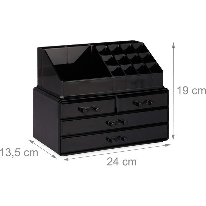 Органайзер для макіяжу маленький, акриловий для зберігання макіяжу з 2 частин, з тримачем для губної помади та 4 висувними ящиками, чорний 1 чорний, 1 шт.