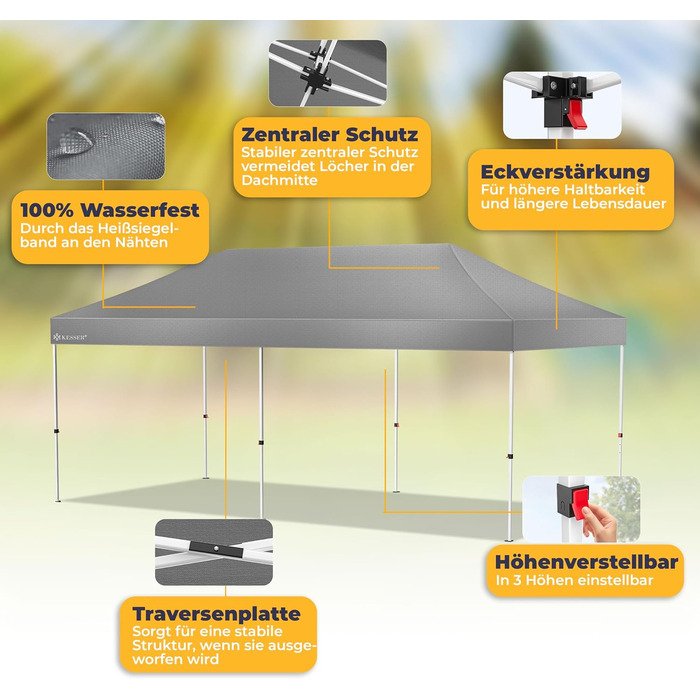 Павільйон KESSER® 6x3м з 6 знімними стінками, для саду, регульована висота, водовідштовхувальний, з сумкою, анкери, Pop-Up система, захист від UV 50+, для вечірок, антрацитовий колір