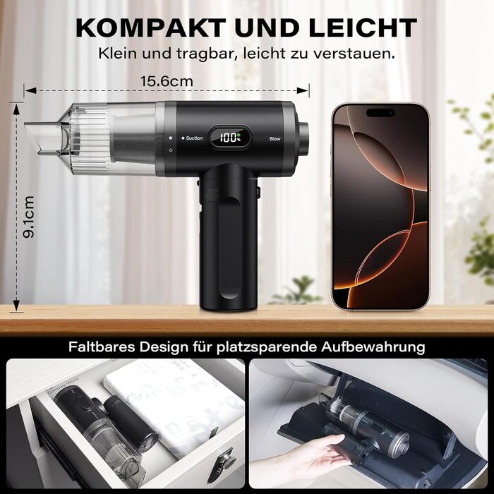 Аккумуляторний автомобільний пилосос APPS2Car 15000Па, бездротовий ручний пилосос з цифровим дисплеєм, складаний дизайн та 2 HEPA-фільтрами для авто, дому та кухні