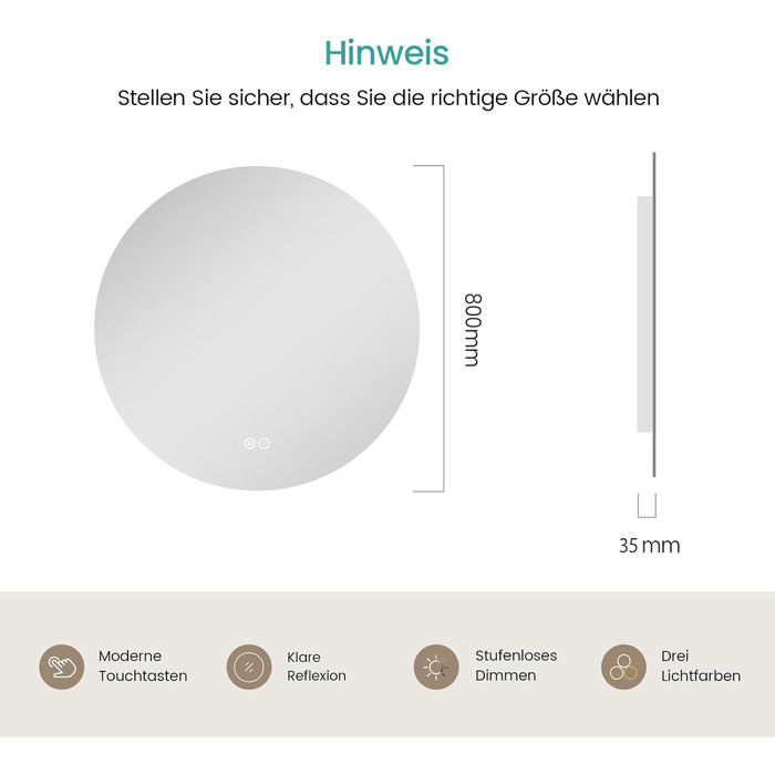 Дзеркало для ванної кімнати EMKE круглої форми з підсвічуванням 80 см – кругле дзеркало з 3 кольорами світла, регулюванням яскравості, сенсорним керуванням, функцією пам'яті та енергозбереженням. Розміри: 80 см x 80 см