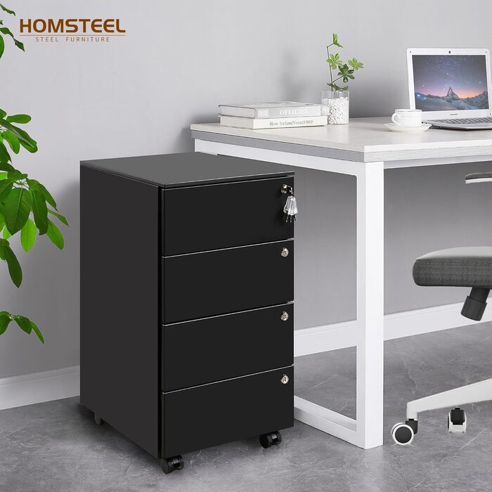 Роликовий контейнер HOMSTEEL з 3 замками, 4 шухлядами, для офісу та дому, білий (44 x 37 x 69.5 см)