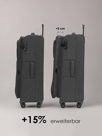 Набір тканинних валіз REDOLZ Essentials 12 (3 шт.), чорні дорожні Trolley з 4-ма подвійними колесами, TSA-замком та функцією розширення