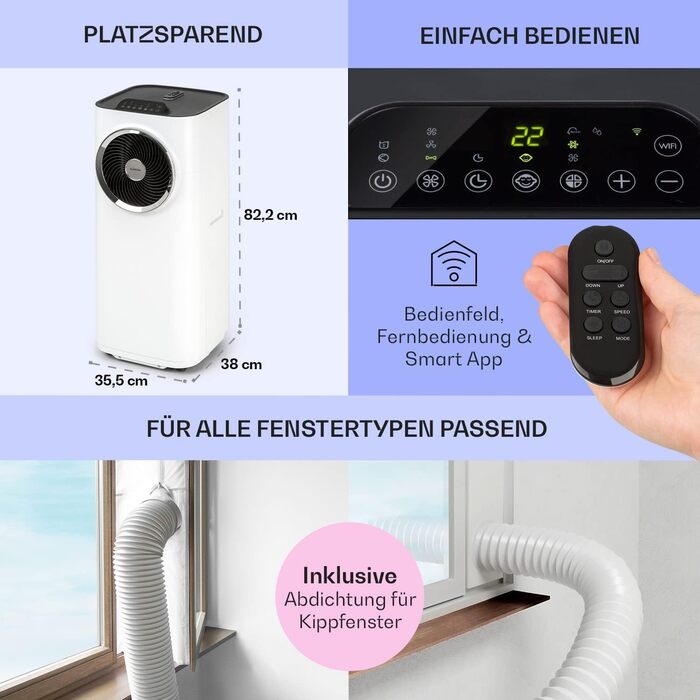 Мобільний кондиціонер Klarstein 5-в-1 з WiFi, вентилятором, осушувачем, очищувачем повітря та нічним режимом, для квартири та офісу, 10000 BTU, білий