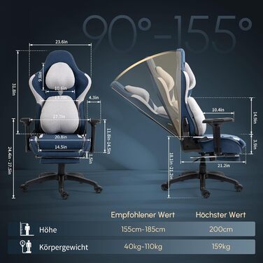 Dowinx Ігровий крісло, дихаючий офісний стілець з високоякісного матеріалу, ергономічний PC стілець з 4D підлокітниками, регульований і поворотний ігровий стілець з підніжкою, блакитний