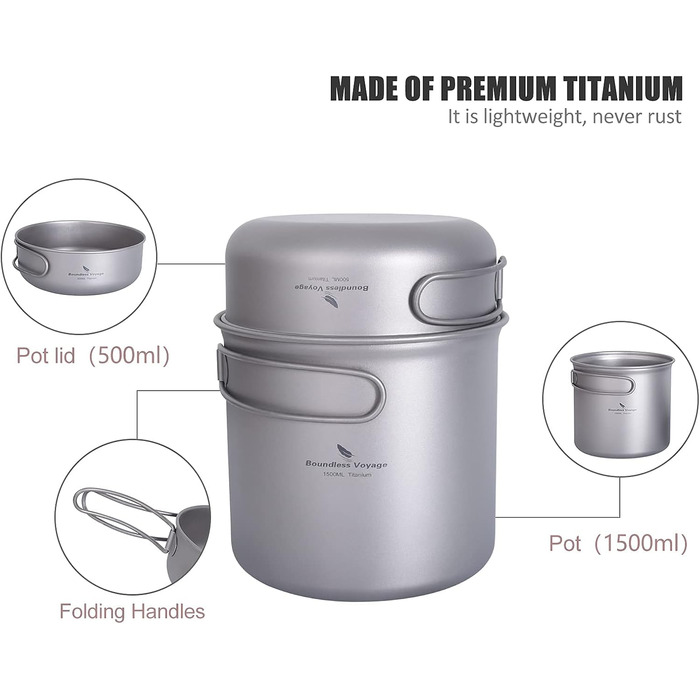 Набір кухонного посуду iBasingo для кемпінгу: титановий посуд з відкидним ручками, 1500 мл каструля та 500 мл сковорода, ідеальний для туризму та пікніків
