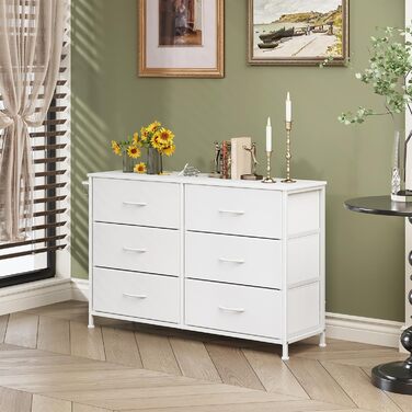 Комод Flur з 6 висувними ящиками з тканини - промисловий комод для вітальні з металу - комод для передпокою в стилі рустік - комод для спальні з тканини для одягу - білий 100x30x65 см, 6 ящиків - 100x30x65 см білий