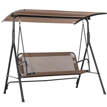 Двомісне гойдалка в стилі Голлівуд для саду та вулиці, стійка до УФ-випромінювання, виготовлена з високоякісного металевого каркасу, з регульованим кутом нахилу, коричневого кольору.