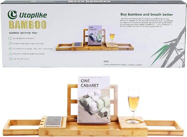 Підставка для ванни Utoplike з бамбука, регульована, органайзер для ванни з тримачем для книги, планшета, келиха, чашки, рушника (натуральний колір, 50.2 x 16 x 4.2 см)