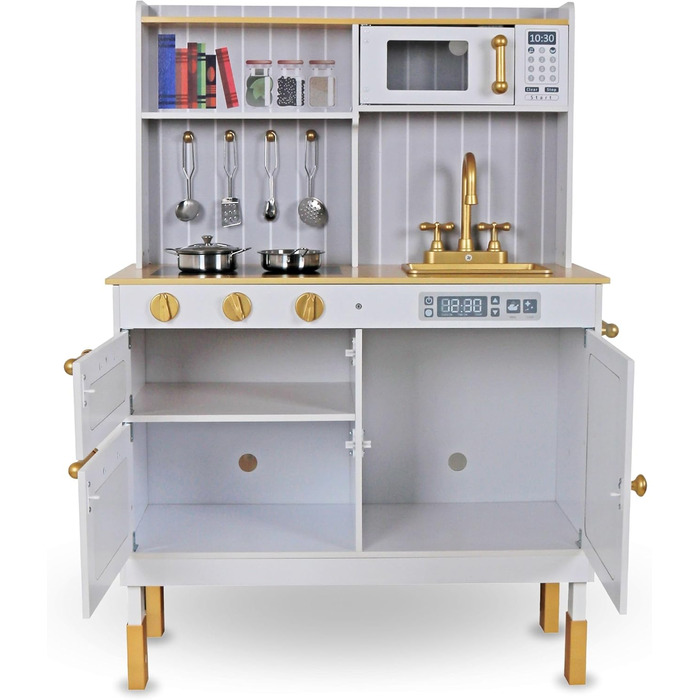 Дерев'яна дитяча кухня Mamabrum з LED-підсвічуванням - іграшковий кухонний набір з висотою, що регулюється, з приготуванням кубиків льоду, мікрохвильовою піччю, плитою та посудомийною машиною - іграшка для дітей від 3 років (Білий)