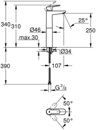 Змішувач для умивальника GROHE StartEdge, економічний, з холодною водою в середній позиції, з поп-ап зливом, 3в1 інструмент, проста установка (23900001), хром, XL