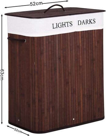 Кошик для білизни Bakaji з двома відділеннями для сортування світлого та темного одягу, бамбук та тканина, складний, з кришкою та ручками