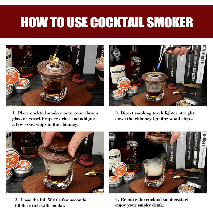 Набір для копчення коктейлів: 4 дерев'яні чіпси, аксесуар для віскі, коктейлів, кави, бурбону та м'яса