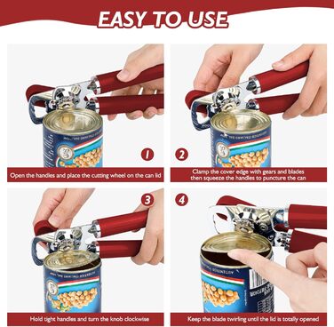 Відкривачка для консервів ручна, сталева, з великим зручним ручкою та відкривачем для пляшок (червона)