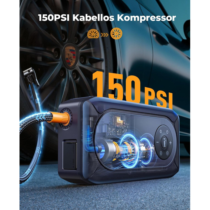 Powerbank для автомобіля YaberAuto AP02 з компресором, 150PSI, 4500A, LED ліхтар 500 люмен, LCD дисплей 3.3