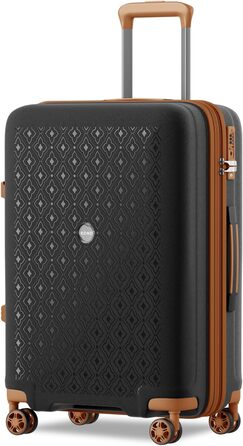 Чорний/Коричневий великий валіза KONO з тримачем для напоїв, жорсткий корпус, легкий поліпропілен, розширюваний, з TSA замком, 4 колеса XL