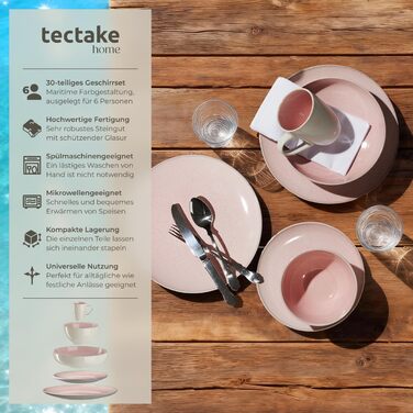 Набір посуду Tectake® 30 предметів для 6 осіб, керамічний посуд, ручної роботи, тарілки, миски та чашки, придатний для миття в посудомийній машині та використання в мікрохвильовій печі - Coral Blush