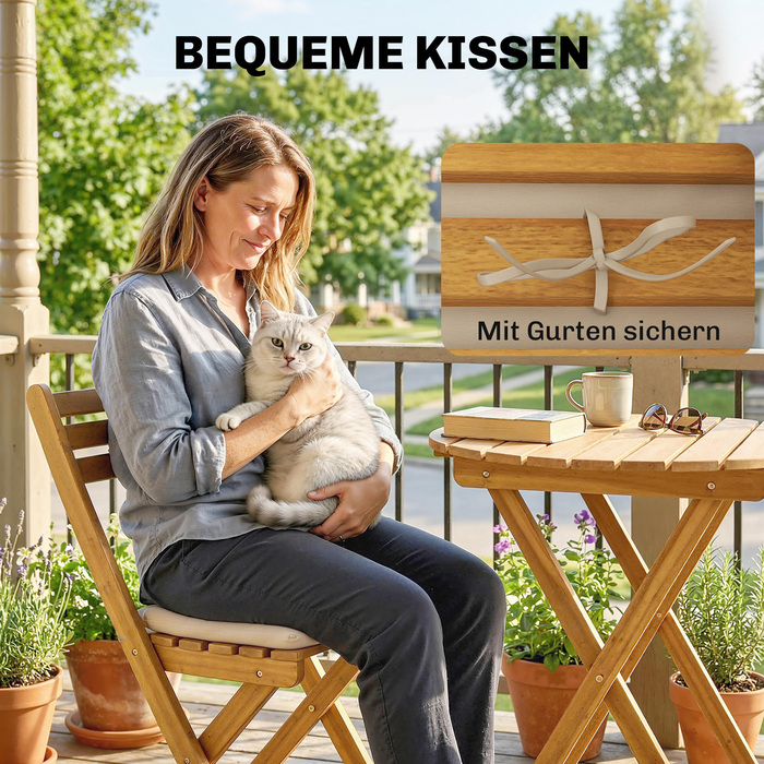 Набір садових меблів для балкона 3 предмети, складаний, з дерева FSC. Круглий стіл та 2 стільці з дихаючими подушками для сидіння з ламелями.