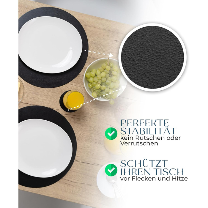 Набори серветок Garnier® з еко-шкіри, 4 шт. – миючі, стійкі, з антиковзаючою поверхнею – з екологічної переробленої шкіри, Made in Germany (круглі, чорні)