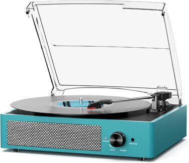 Вініловий програвач ретро-стилю з Bluetooth, портативний, 3 швидкості (33/45/78 об/хв), вбудовані стереодинаміки, RCA та AUX, синій