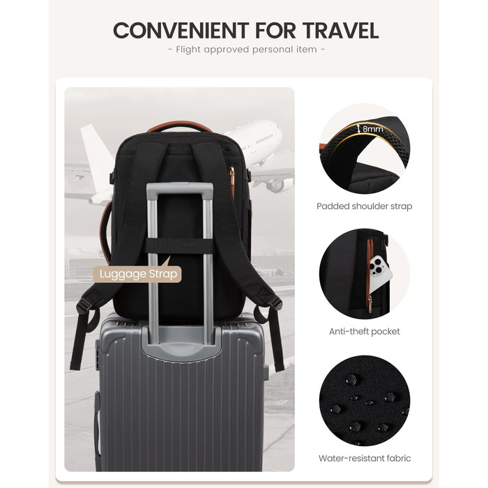 LOVEVOOK Рюкзак для ручної поклажі, 40L, для подорожей, з відділенням для ноутбука, водонепроникний, чорно-бежево-коричневий