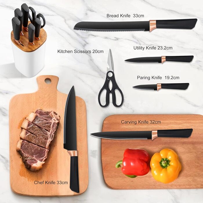 Набір ножів Makfoner 6 шт. з знімним бруском: кухонні ножі Сантоку, для хліба, кухонні, для чищення, універсальні, ножиці, з нержавіючої сталі, білий