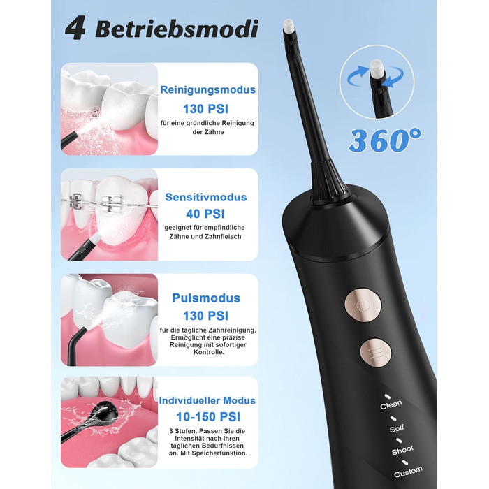 Електрична ірigator для порожнини рота Munddusche: 5 насадок, 4 режими, IPX7, для дому та подорожей